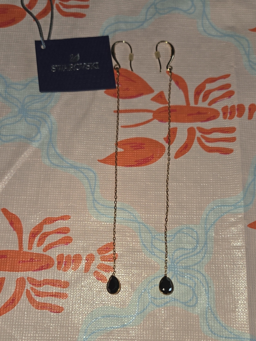 Swarovski Gold Threader Earrings with Black Teardrop Crystals